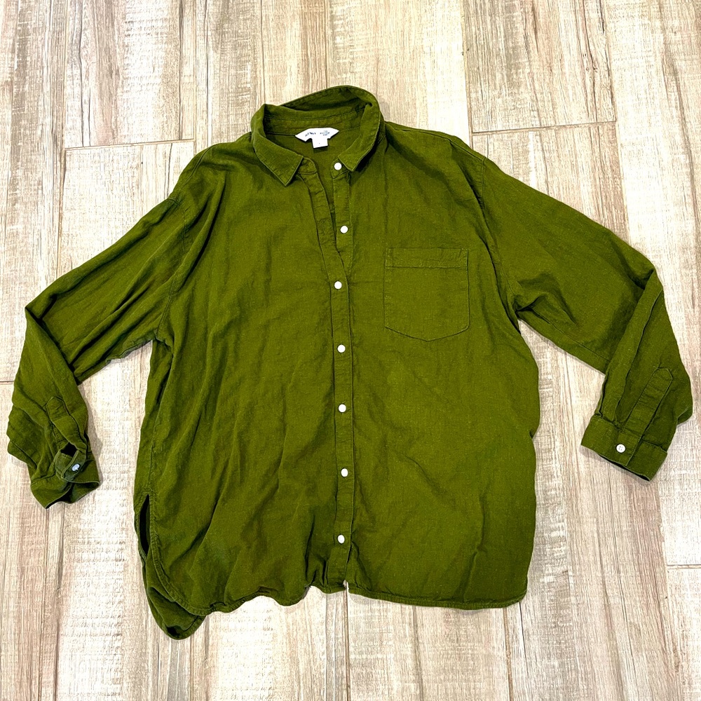 Old Navy Green Linen-Blend Button-Down Boyfriend Shirt Size L